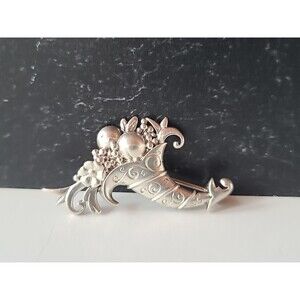 925 Sterling Silver Cornucopia Brooch Vintage READ Description